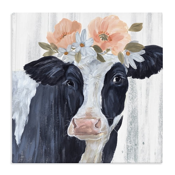 Stupell Industries Rustic Lodge Farm Cow Floral Daisy Blooms Canvas Art, 24 x 24, by Annie Warren