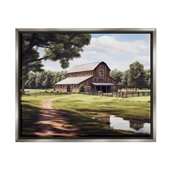 Stupell Industries Rustic Lodge Farmhouse Barn & Stream Gray Floating Frame Canvas Art, 31 x 25, by Ray Powers
