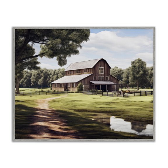 Stupell Industries Rustic Lodge Farmhouse Barn & Stream Gray Framed Giclee Art, 14 x 11, by Ray Powers
