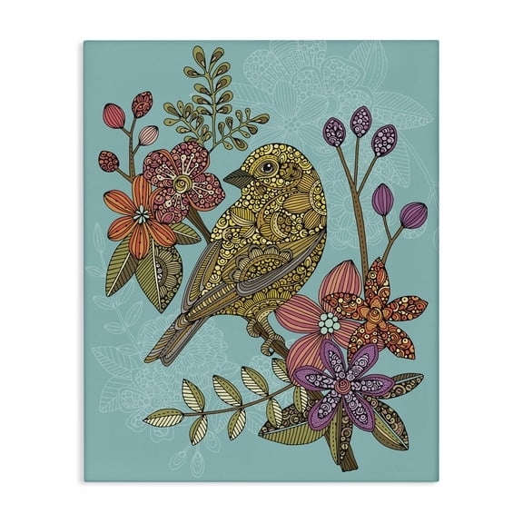 Stupell Industries Rustic Lodge Finch Perched Flower Branch Intricate Pattern Designs Canvas Art, 16 x 20, by Valentina Harper