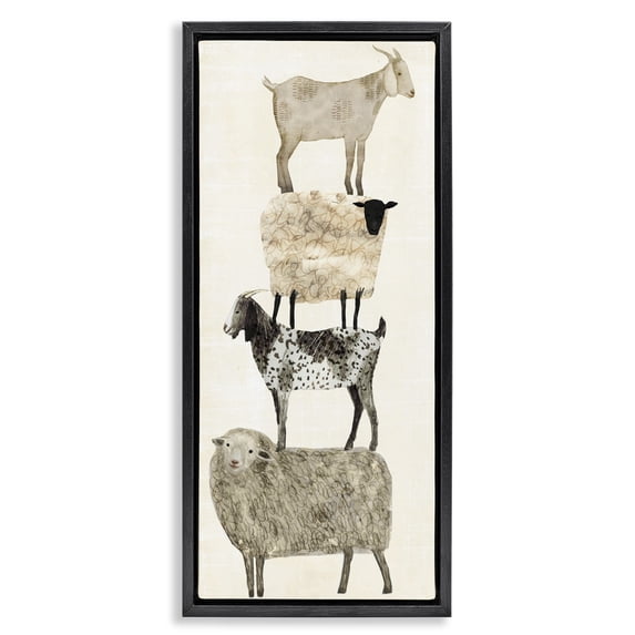 Stupell Industries Rustic Lodge Fun Stacked Sheep & Goats Farm Animals Black Floating Frame Canvas Art, 11 x 25, by Victoria Borges