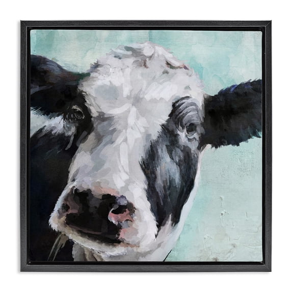 Stupell Industries Rustic Lodge Gentle Farm Cow on Blue Black Floating Frame Canvas Art, 18 x 18, by Main Line Art & Design