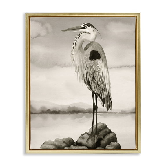 Stupell Industries Rustic Lodge Grey Heron Perched Gold Floating Frame Canvas Art, 25 x 31, by Grace Popp