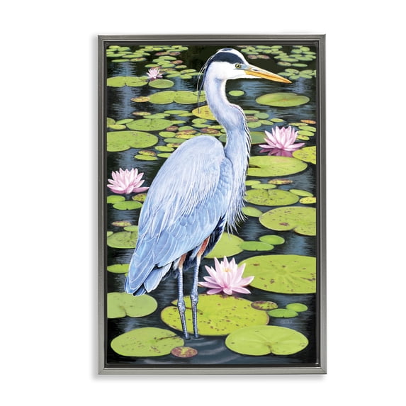 Stupell Industries Rustic Lodge Heron Among Pond Lilies Gray Floating Frame Canvas Art, 21 x 31, by Rosiland Solomon