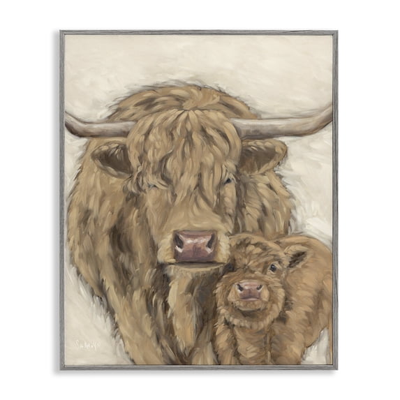 Stupell Industries Rustic Lodge Highland Cattle & Calf Gray Framed Giclee Art, 24 x 30, by Sara G. Designs