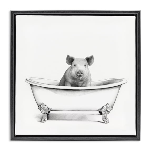 Stupell Industries Rustic Lodge Hog in Bathtub Sketch Black Floating Frame Canvas Art, 18 x 18, by Victoria Borges