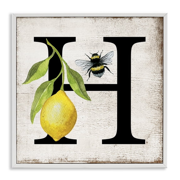 Stupell Industries Rustic Lodge Lemon & Bee H Letter White Framed Giclee Art, 12 x 12, by Creatif Belle