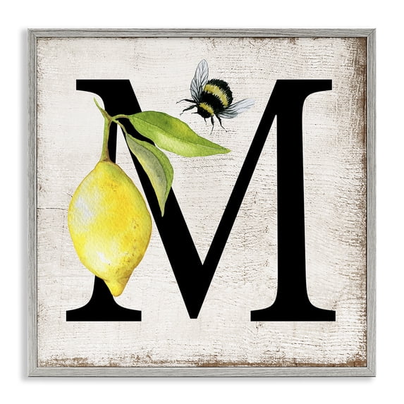 Stupell Industries Rustic Lodge Lemon & Bee M Letter Gray Framed Giclee Art, 12 x 12, by Creatif Belle