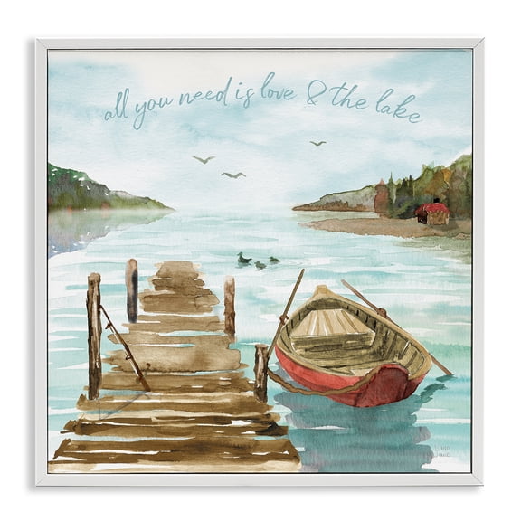 Stupell Industries Rustic Lodge Love and The Lake Sentiment Boat Dock Landscape White Framed Giclee Art, 12 x 12, by Dina June