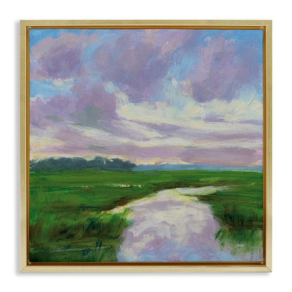 Stupell Industries Rustic Lodge Marsh Creek Under Serene Clouds Gold Floating Frame Canvas Art, 25 x 25, by Carson Overstreet