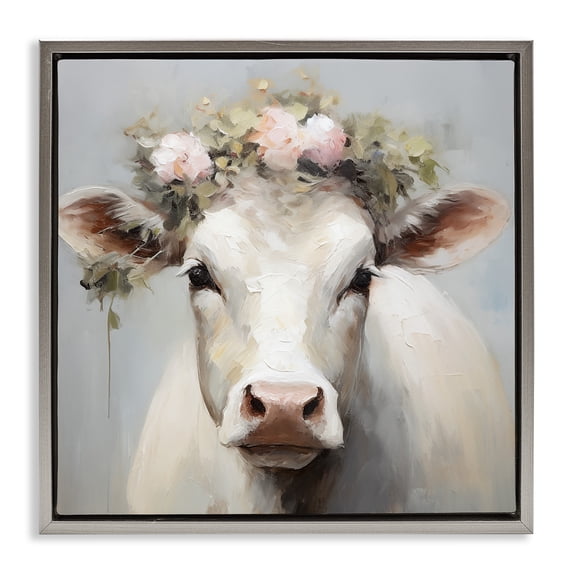 Stupell Industries Rustic Lodge Pretty Pearl Cow with Florals Gray Floating Frame Canvas Art, 25 x 25, by Heidi Kuntz