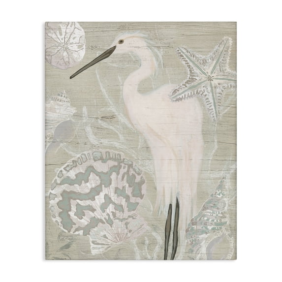Stupell Industries Rustic Lodge Rustic Seashells Egret Bird Grainy Pattern Sign Canvas Art, 30 x 40, by June Erica Vess