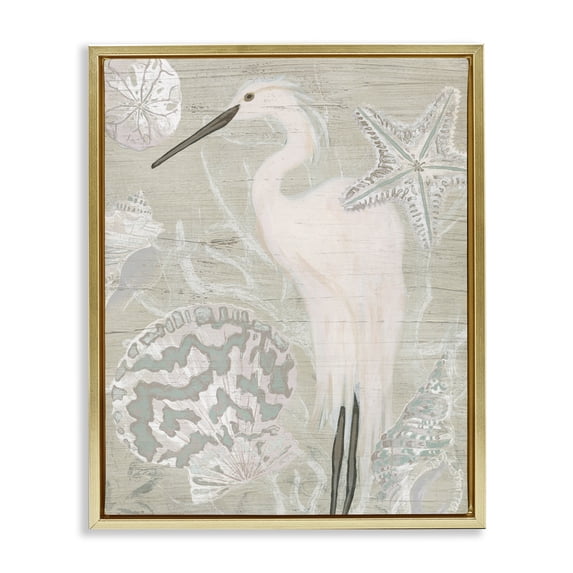 Stupell Industries Rustic Lodge Rustic Seashells Egret Bird Grainy Pattern Sign Gold Floating Frame Canvas Art, 25 x 31, by June Erica Vess