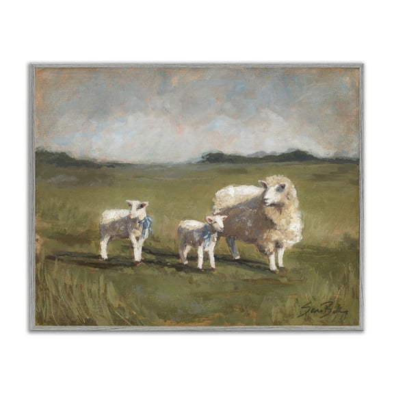 Stupell Industries Rustic Lodge Sheep & Lamb Family Rural Grazing Gray Framed Giclee Art, 14 x 11, by Sara Baker
