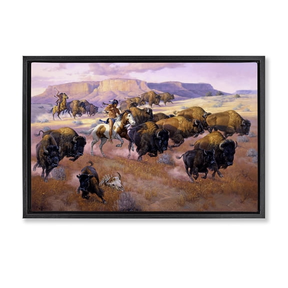 Stupell Industries Rustic Lodge Western Natives Bison Hunt Black Floating Frame Canvas Art, 31 x 21, by Jack Sorenson