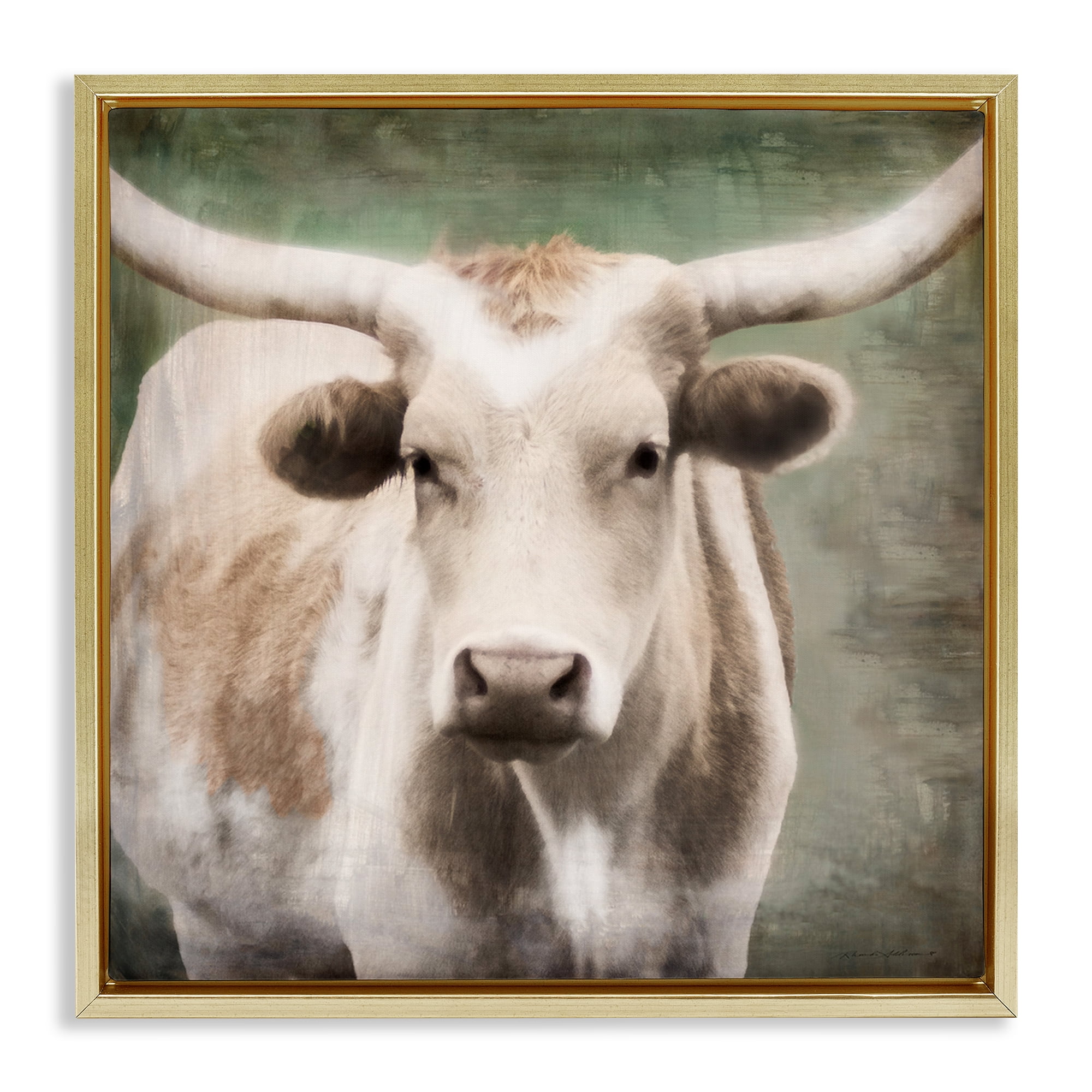 Stupell Industries Rustic Longhorn Cattle Animals & Insects Painting Gold Floater Framed Canvas Art Print Wall Art, 18 x 18