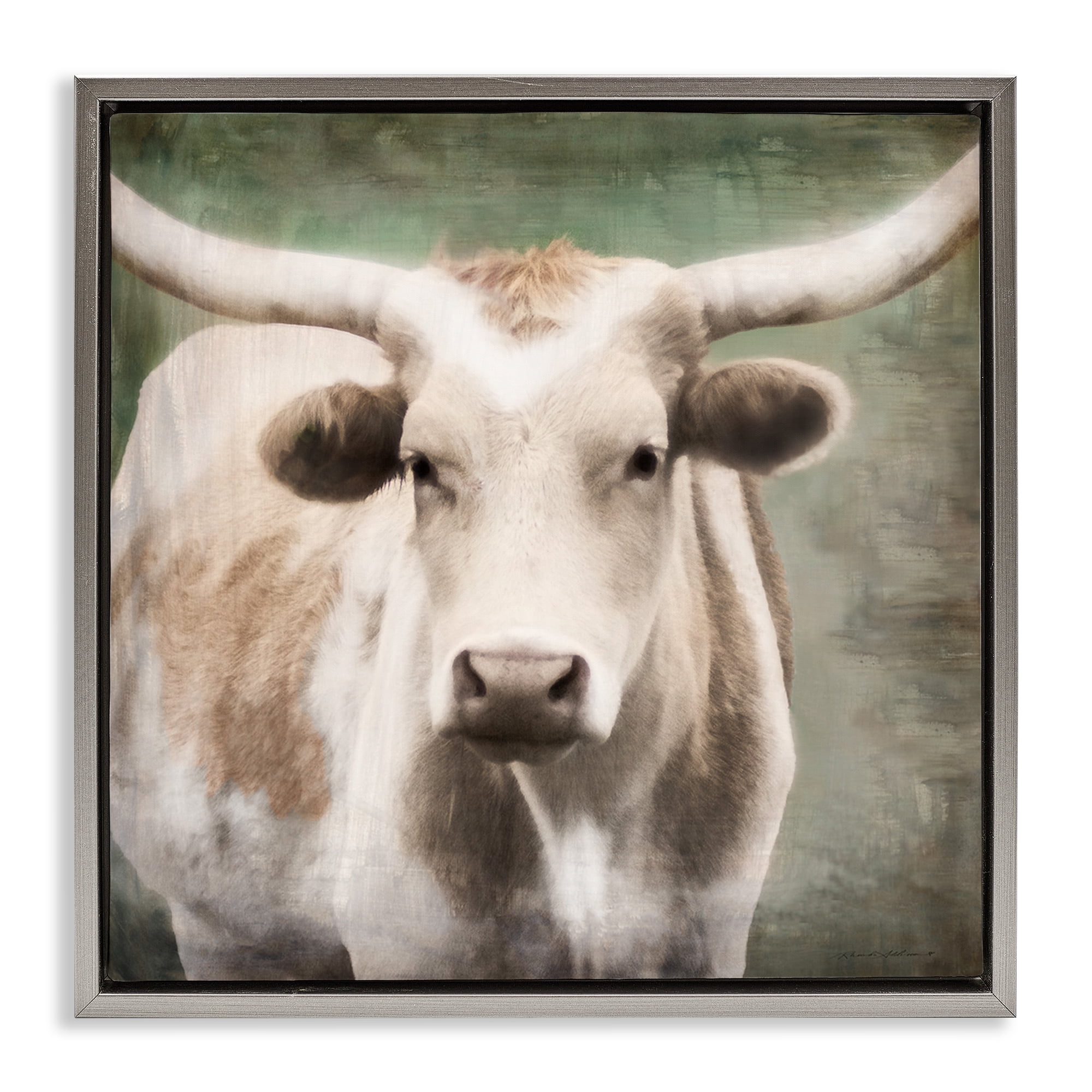 Stupell Industries Rustic Longhorn Cattle Animals & Insects Painting Gray Floater Framed Canvas Art Print Wall Art, 25 x 25