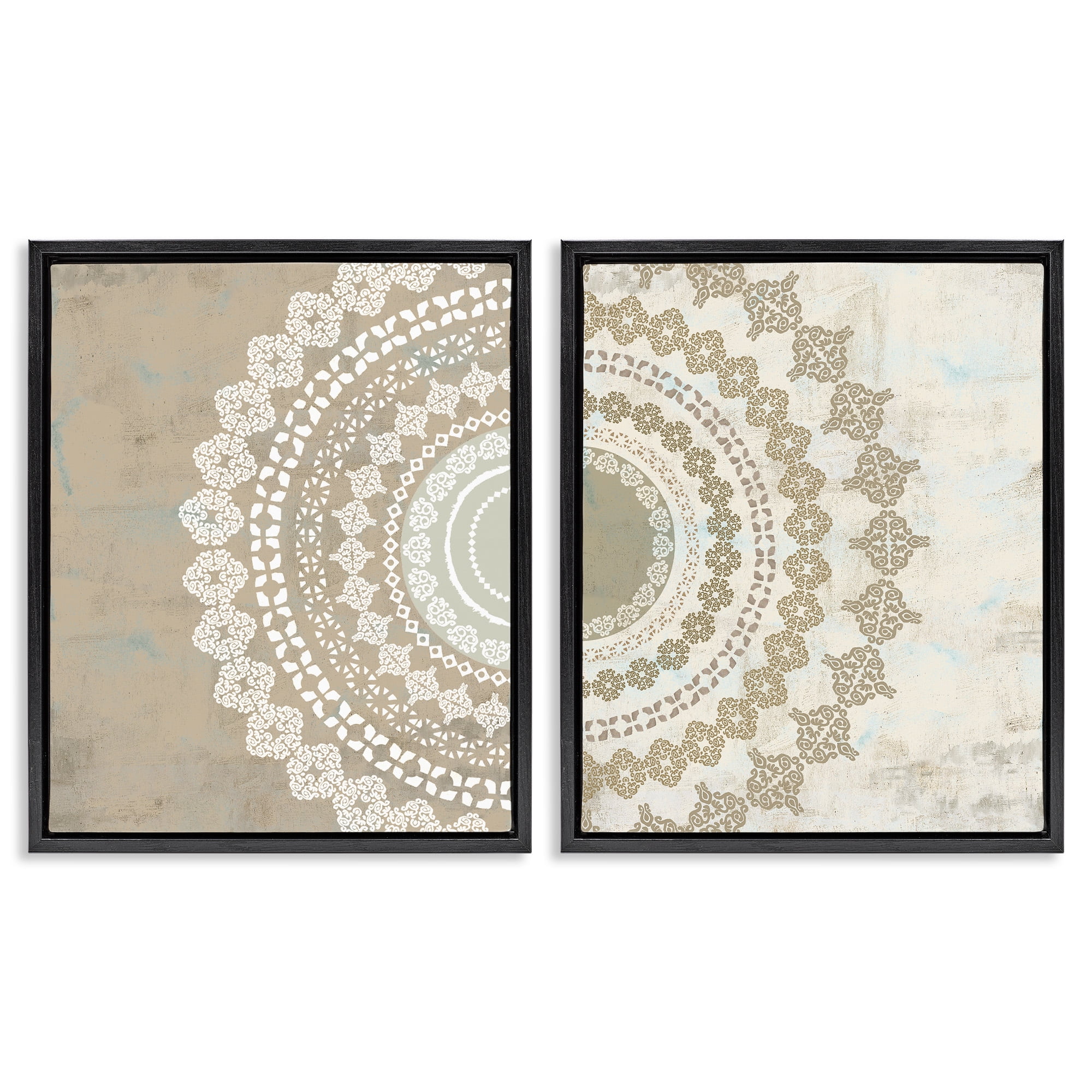 Stupell Industries Rustic Mandala Boho Pattern Abstract Painting Black Floater Framed Canvas Art Print Wall Art, 25 x 31, Set of 2