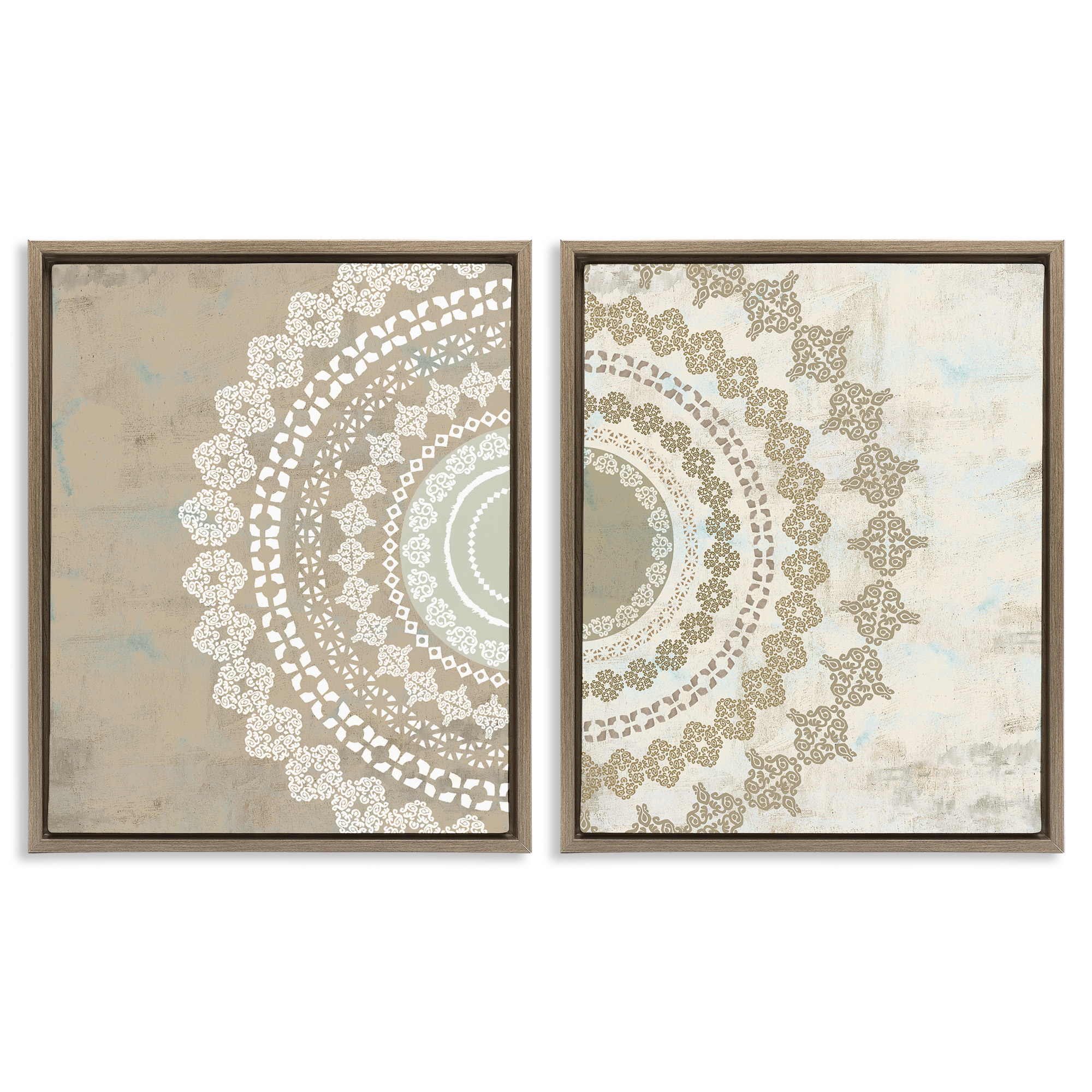 Stupell Industries Rustic Mandala Boho Pattern Abstract Painting Brown Floater Framed Canvas Art Print Wall Art, 17 x 21, Set of 2