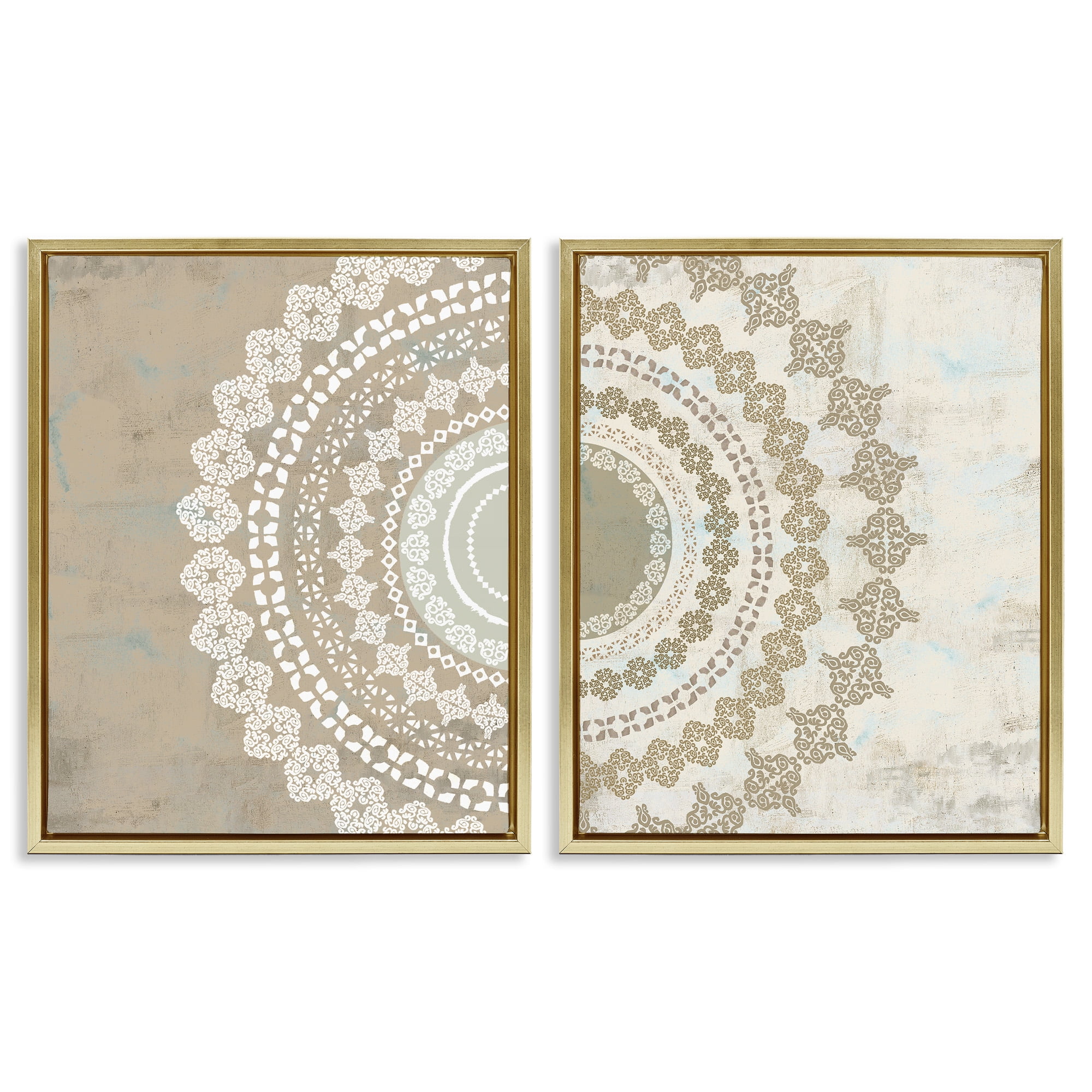 Stupell Industries Rustic Mandala Boho Pattern Abstract Painting Gold Floater Framed Canvas Art Print Wall Art, 25 x 31, Set of 2