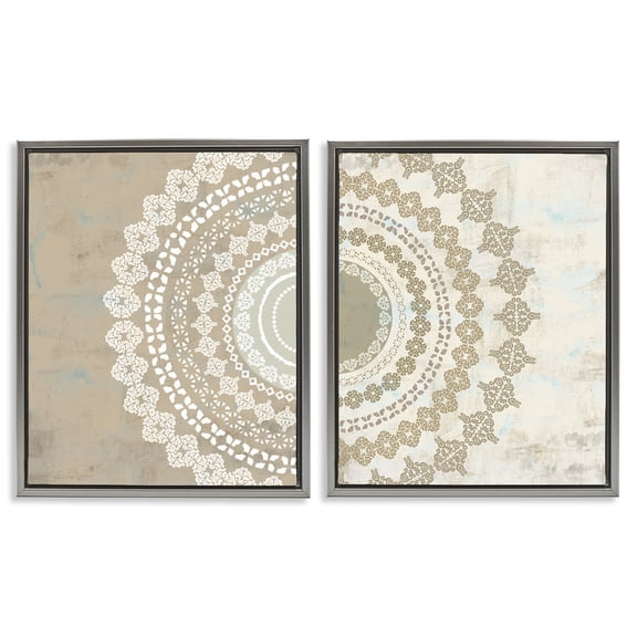 Stupell Industries Rustic Mandala Boho Pattern Abstract Painting Gray Floater Framed Canvas Art Print Wall Art, 17 x 21, Set of 2