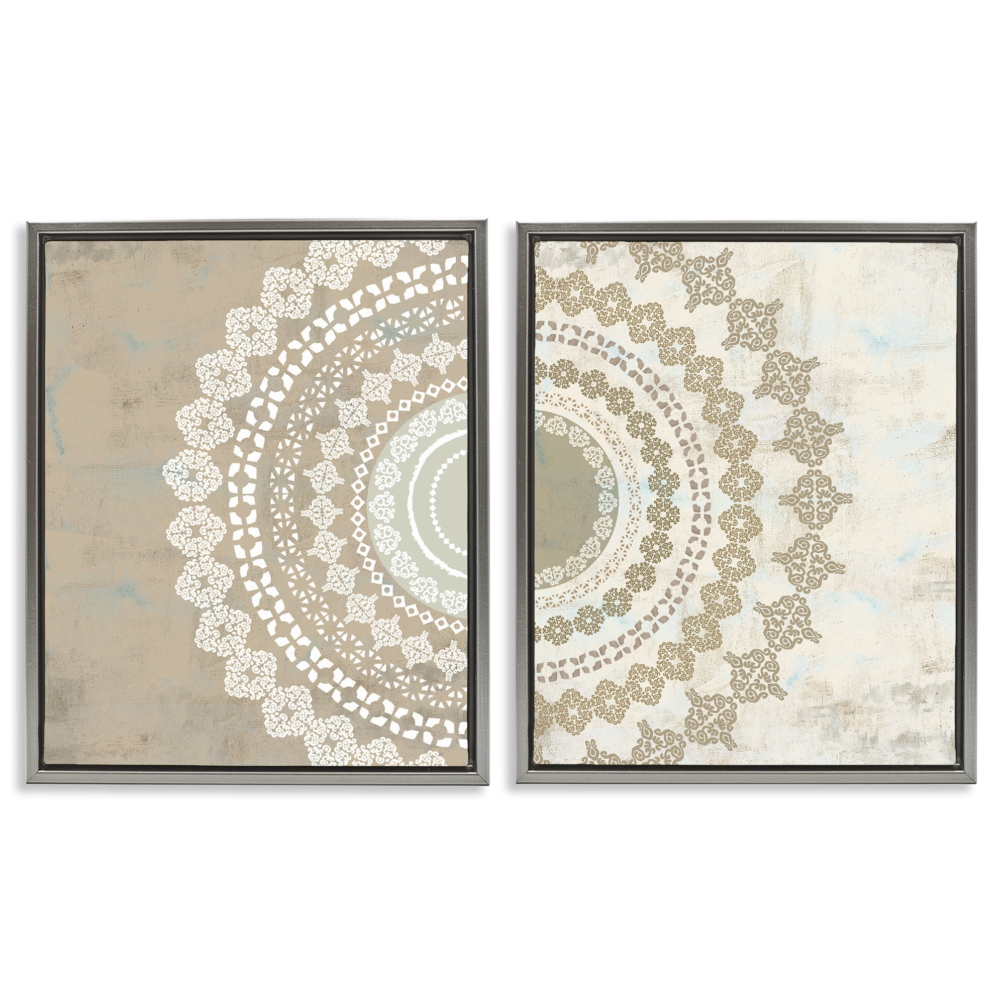 Stupell Industries Rustic Mandala Boho Pattern Abstract Painting Gray Floater Framed Canvas Art Print Wall Art, 25 x 31, Set of 2