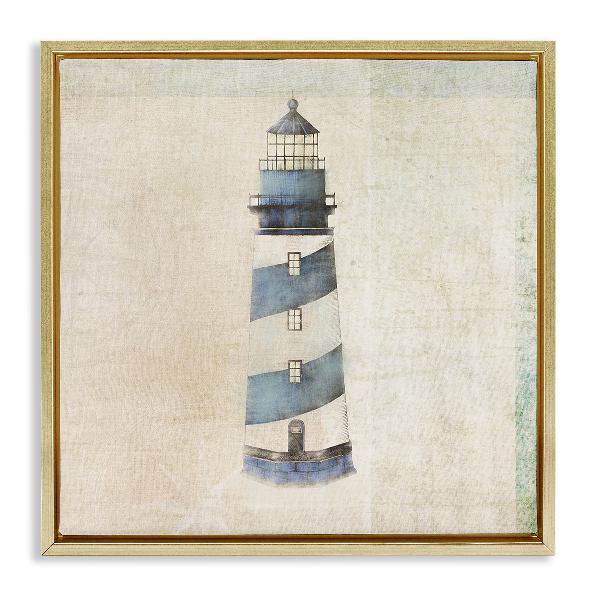 Stupell Industries Rustic Maritime Lighthouse Nautical & Beach Painting Gold Floater Framed Canvas Art Print Wall Art, 18 x 18