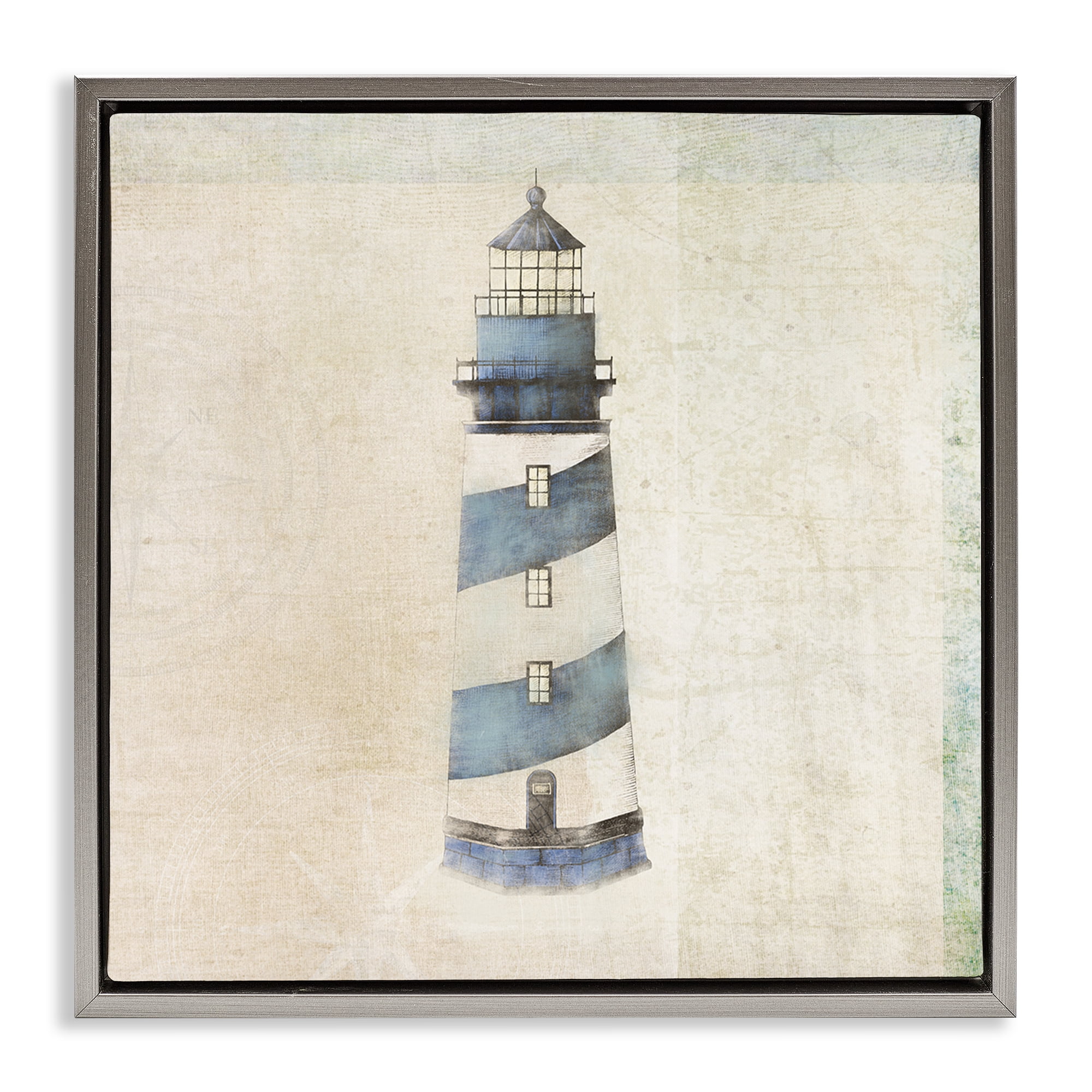 Stupell Industries Rustic Maritime Lighthouse Nautical & Beach Painting Gray Floater Framed Canvas Art Print Wall Art, 25 x 25