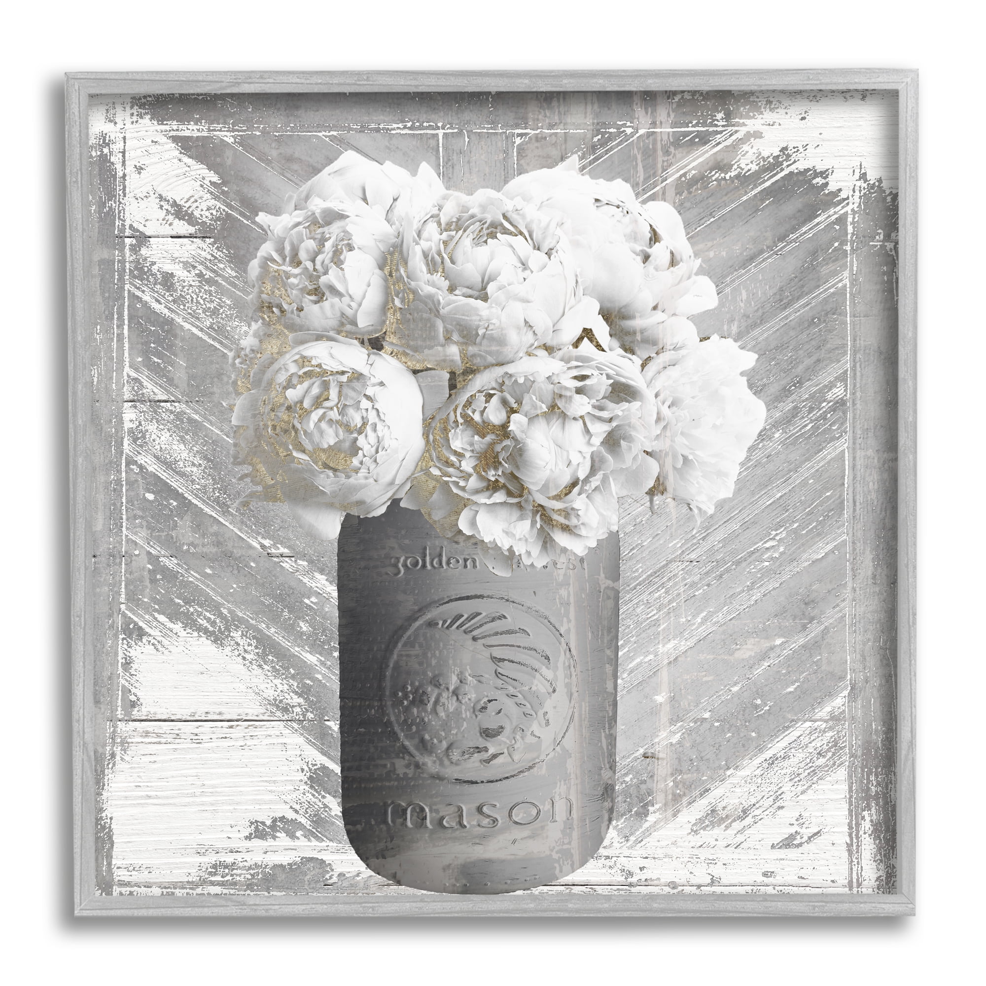 Stupell Industries Rustic Mason Jar White Peonies Flowers Grain Pattern , 24 x 24, Design by Mindy Sommers