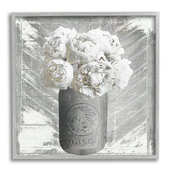 Stupell Industries Rustic Mason Jar White Peonies Flowers Grain Pattern , 24 x 24, Design by Mindy Sommers