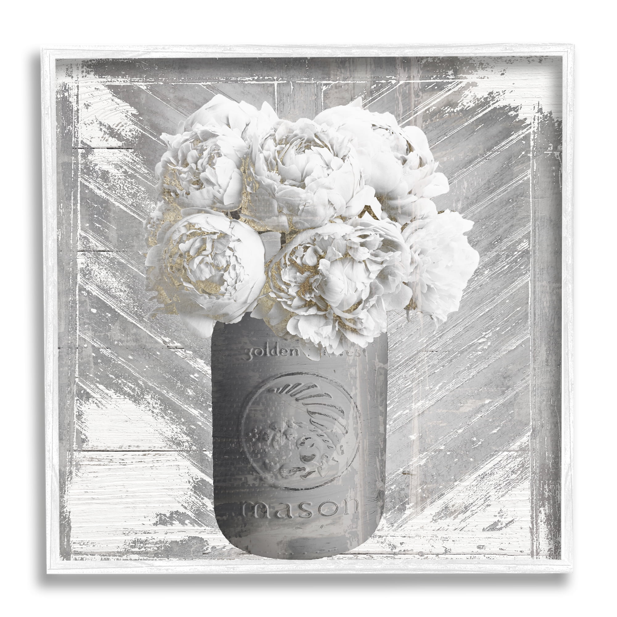 Stupell Industries Rustic Mason Jar White Peonies Flowers Grain Pattern , 24 x 24, Design by Mindy Sommers