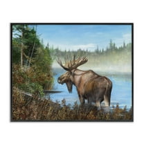 Stupell Industries Rustic Moose Wading in Shore Landscape & Nature Painting Black Framed Art Print Wall Art, 14 x 11
