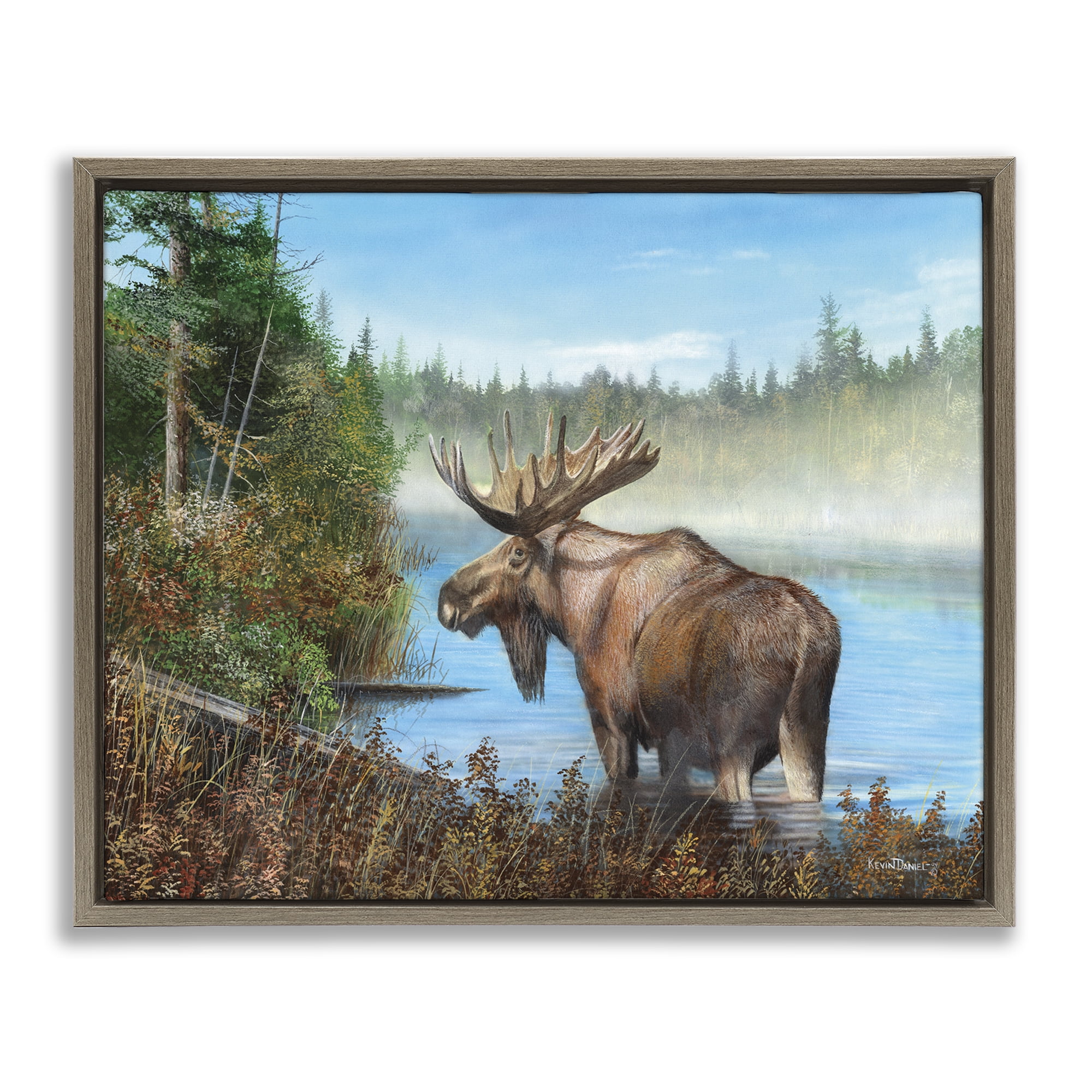 Stupell Industries Rustic Moose Wading in Shore Landscape & Nature Painting Brown Floater Framed Canvas Art Print Wall Art, 21 x 17