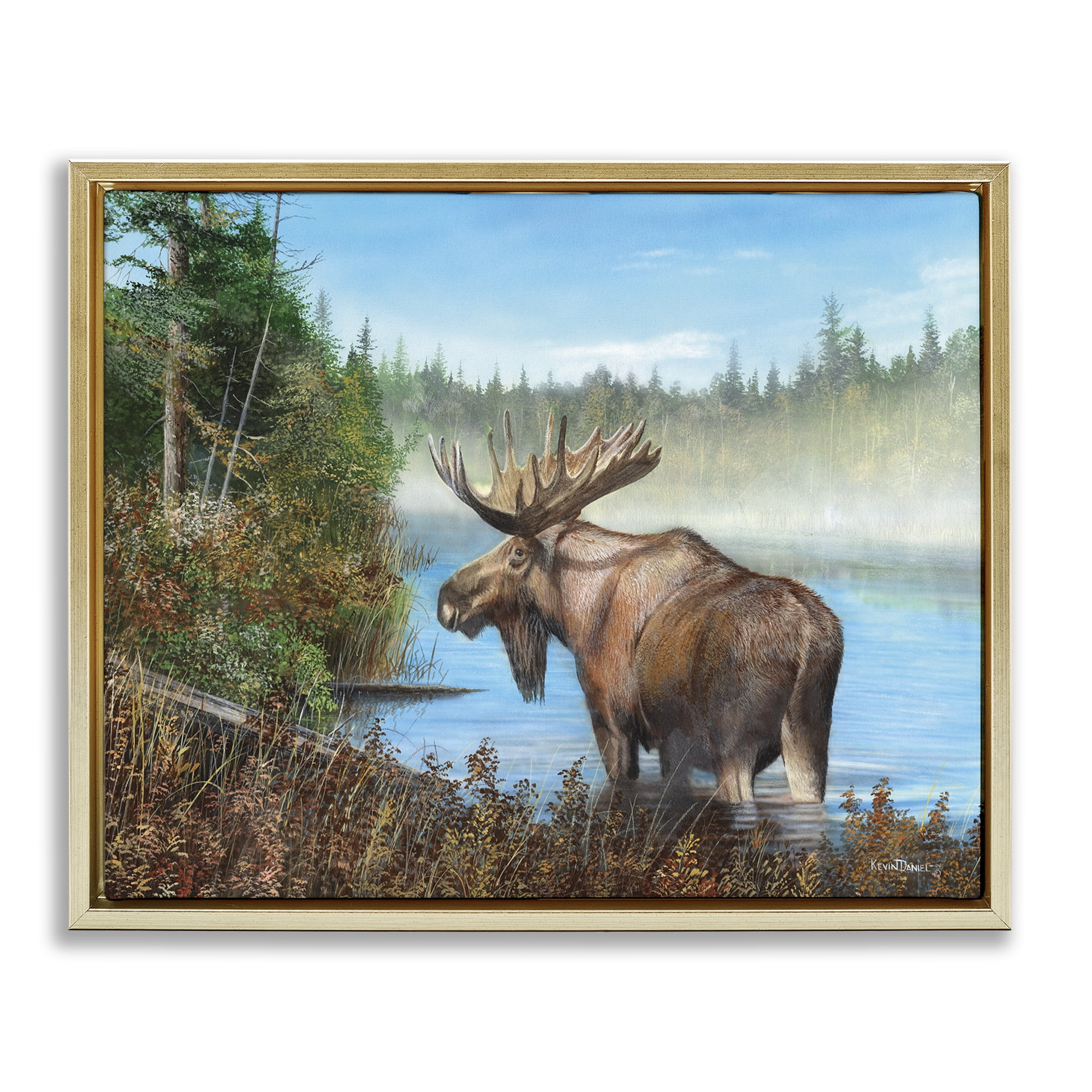 Stupell Industries Rustic Moose Wading in Shore Landscape & Nature Painting Gold Floater Framed Canvas Art Print Wall Art, 31 x 25