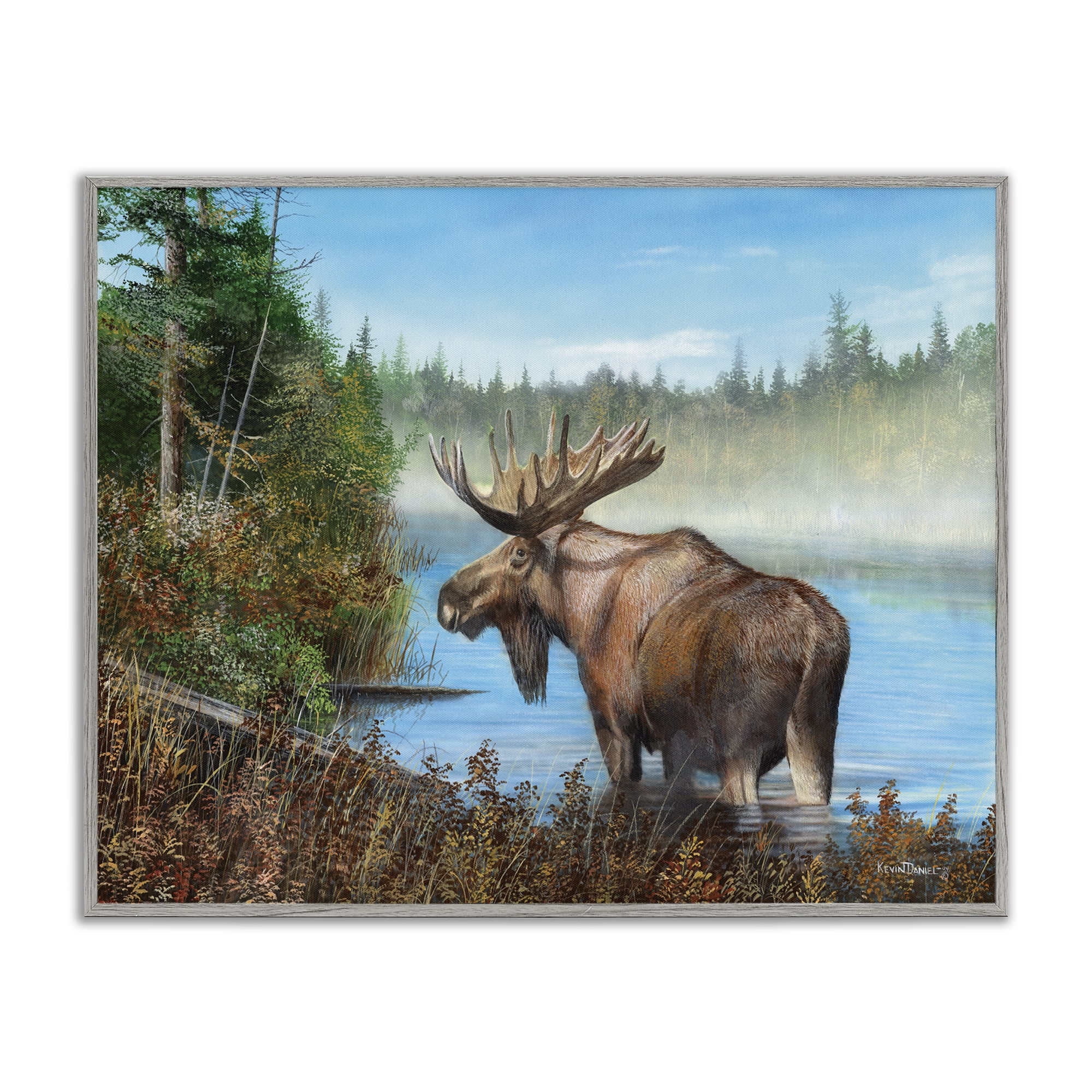 Stupell Industries Rustic Moose Wading in Shore Landscape & Nature Painting Gray Framed Art Print Wall Art, 20 x 16