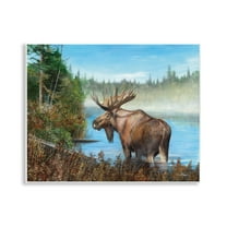 Stupell Industries Rustic Moose Wading in Shore Landscape & Nature Painting Unframed Art Print Wall Art, 14 x 11