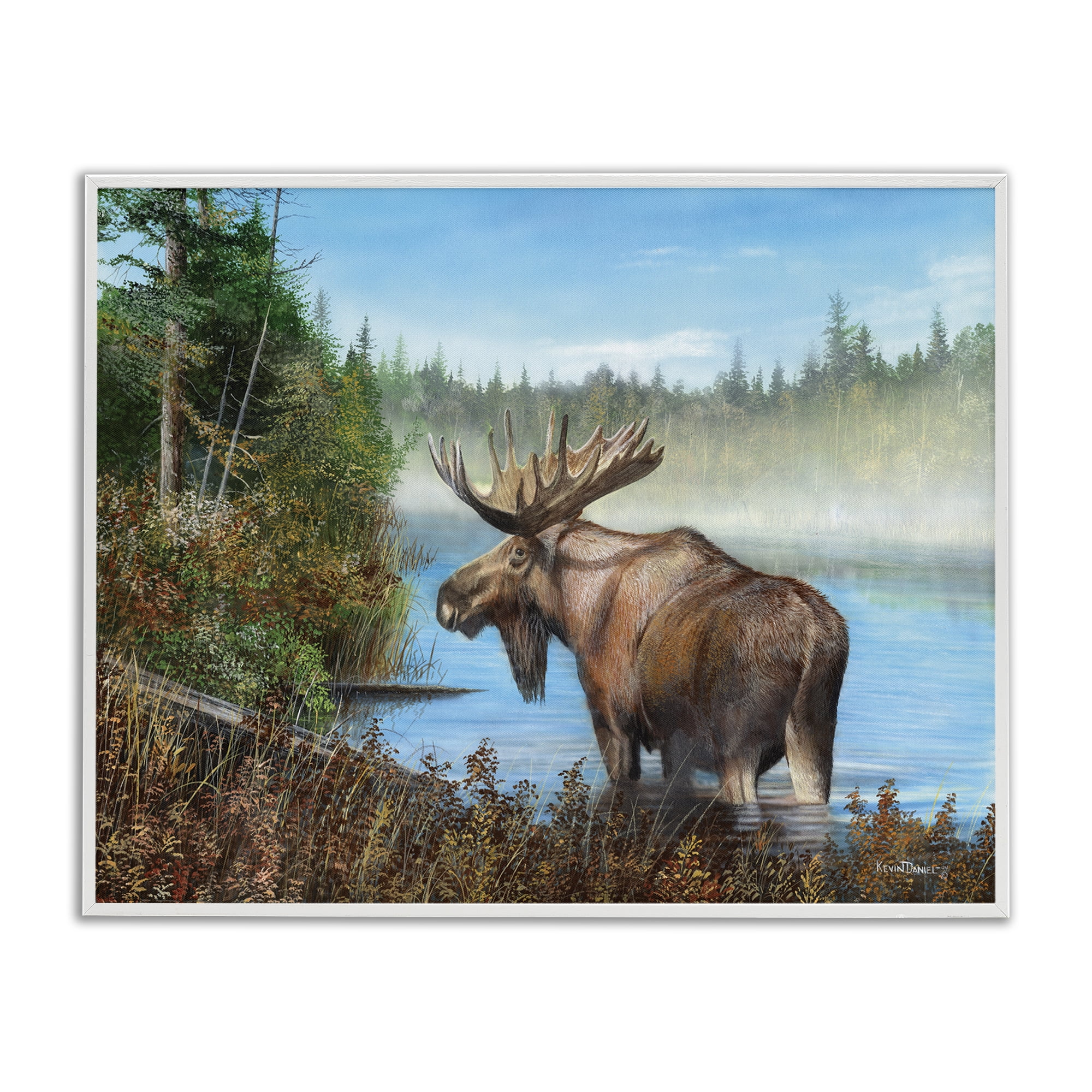 Stupell Industries Rustic Moose Wading in Shore Landscape & Nature Painting White Framed Art Print Wall Art, 14 x 11