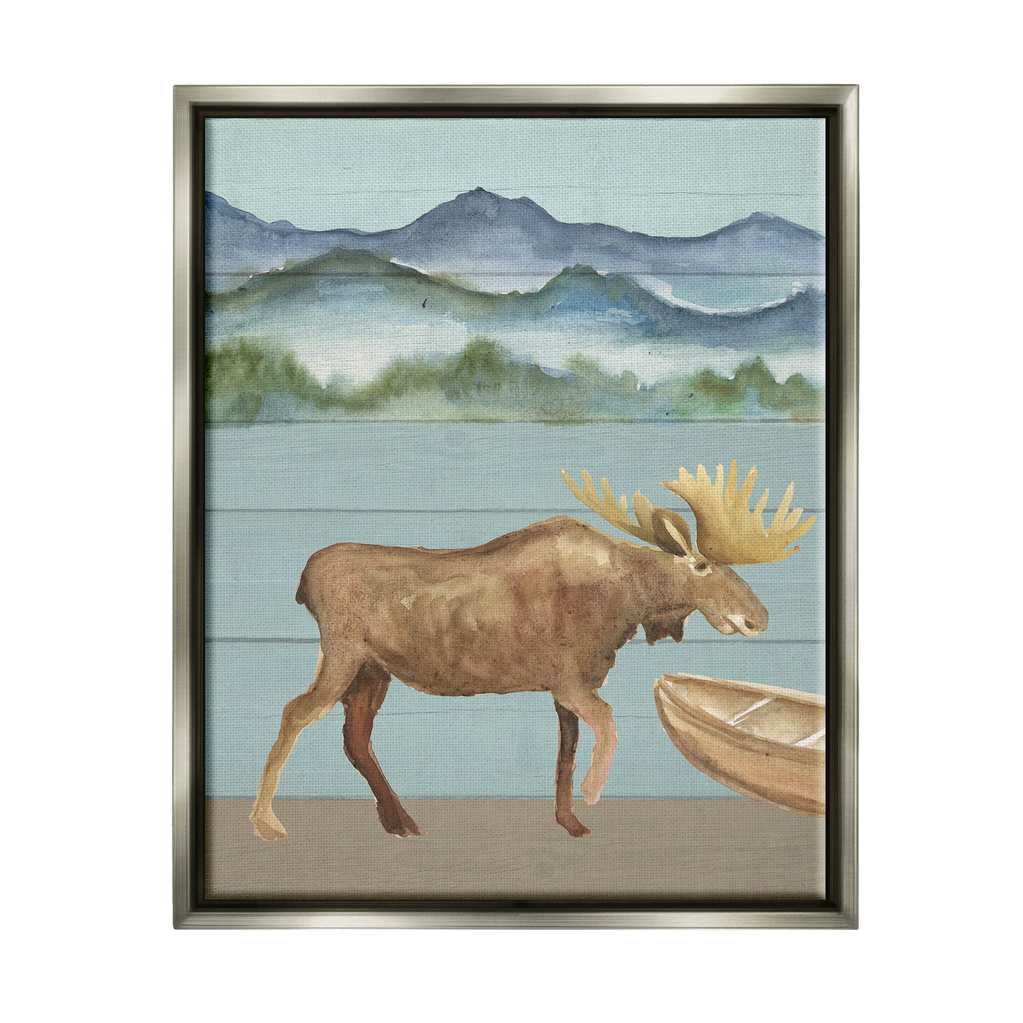 Stupell Industries Rustic Moose at Lake Animals & Insects Painting Gray Floater Framed Art Print Wall Art, 25 x 31