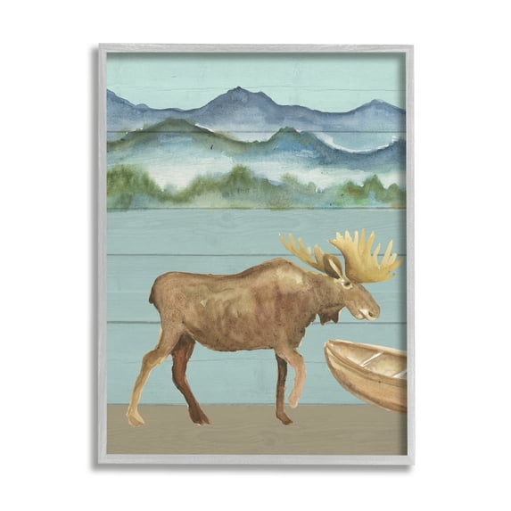 Stupell Industries Rustic Moose at Lake Animals & Insects Painting Gray Framed Art Print Wall Art, 16 x 20