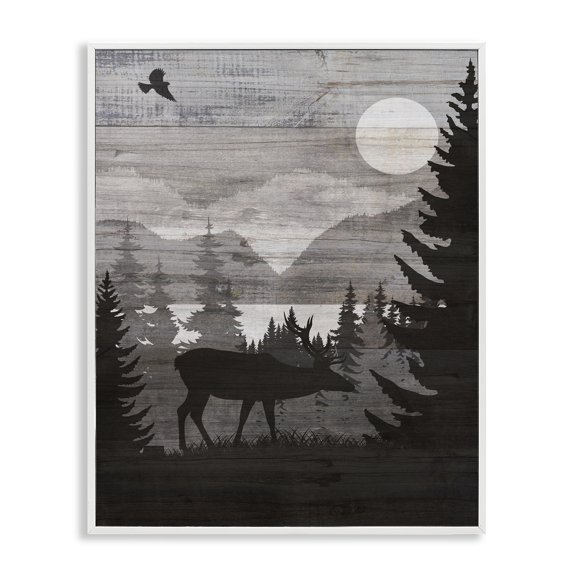 Stupell Industries Rustic Moose at Night Landscape & Nature Painting White Framed Art Print Wall Art, 16 x 20
