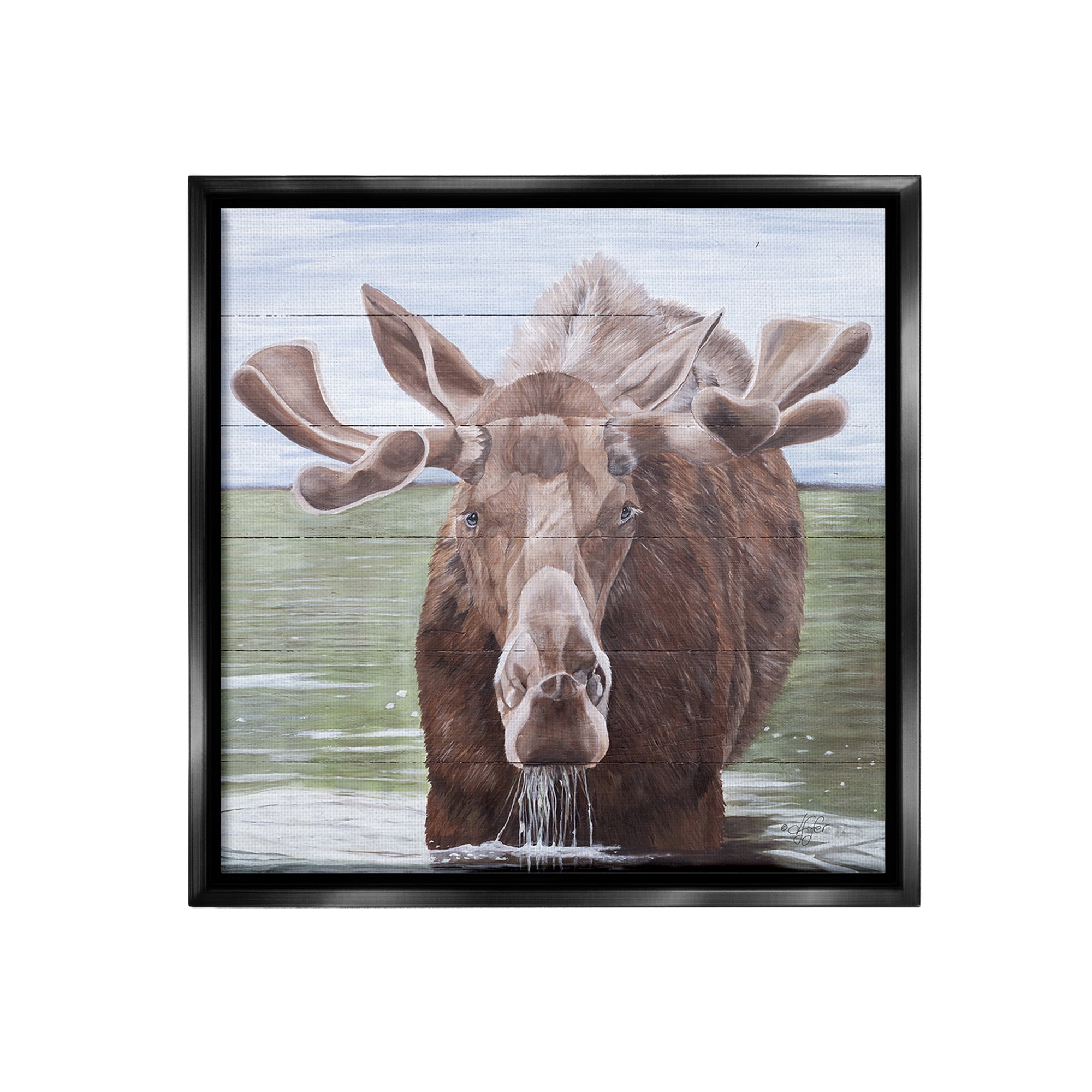Stupell Industries Rustic Moose in Lake Animals & Insects Painting Black Floater Framed Canvas Art Print Wall Art, 25 x 25