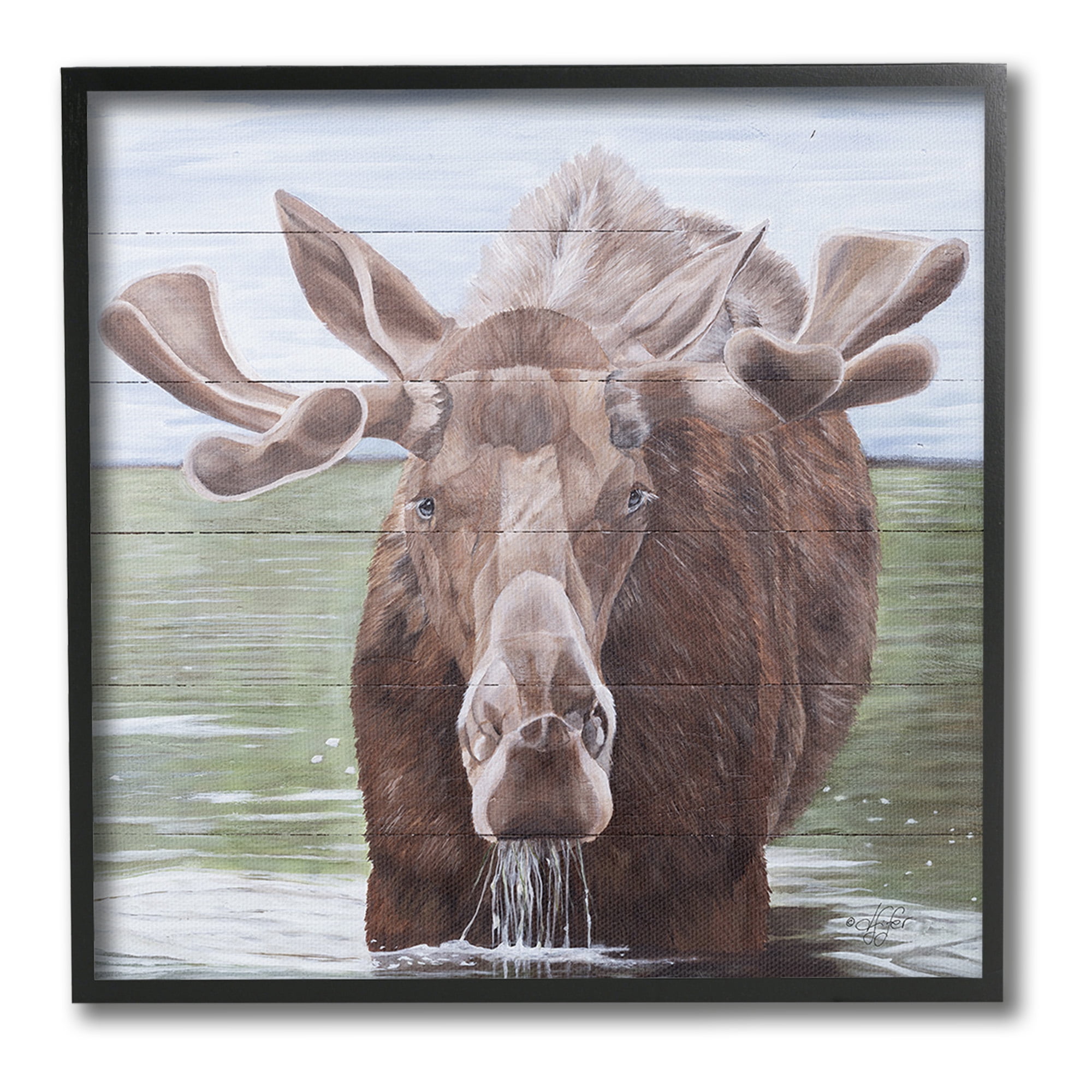 Stupell Industries Rustic Moose in Lake Animals & Insects Painting Black Framed Art Print Wall Art, 12 x 12