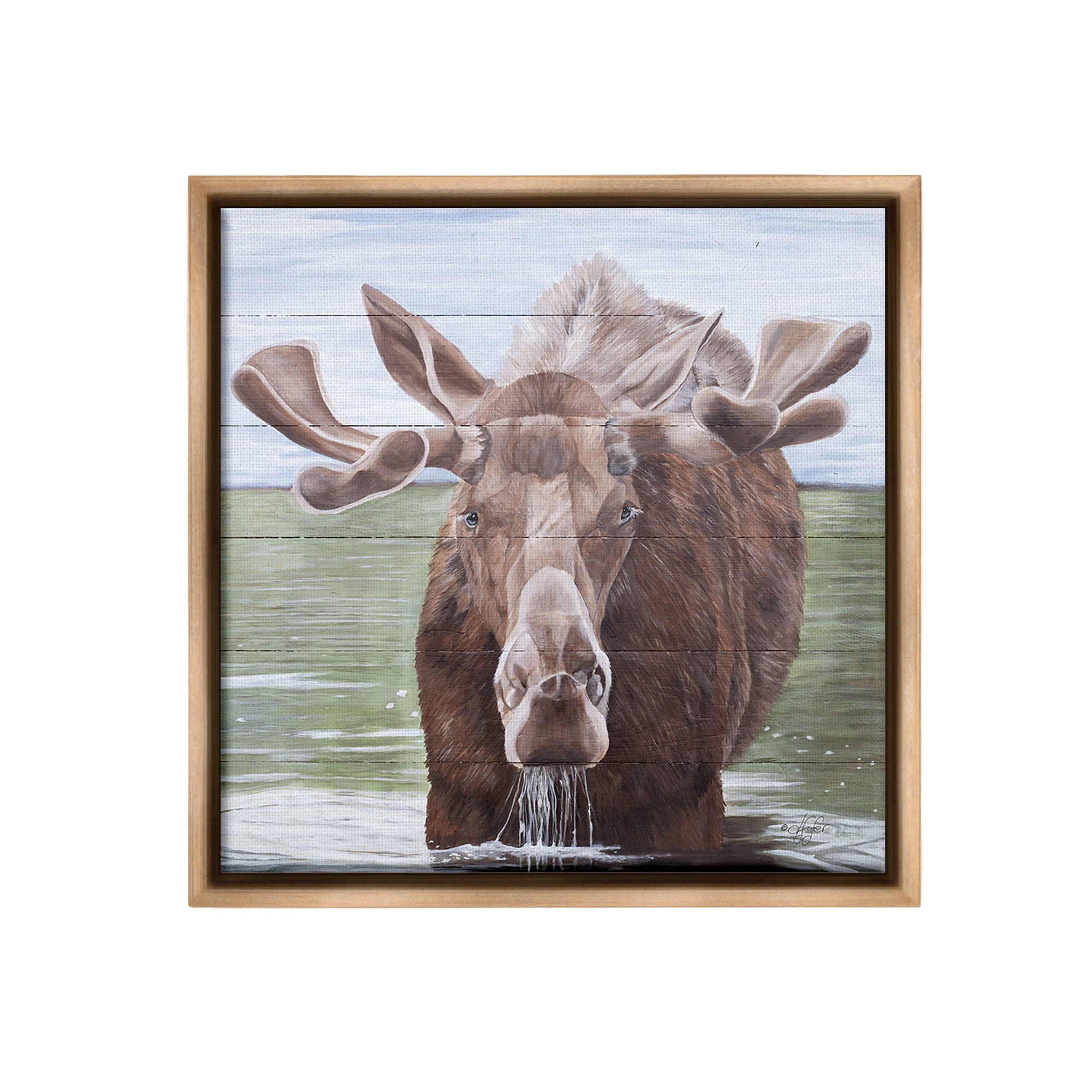 Stupell Industries Rustic Moose in Lake Animals & Insects Painting Brown Floater Framed Canvas Art Print Wall Art, 18 x 18