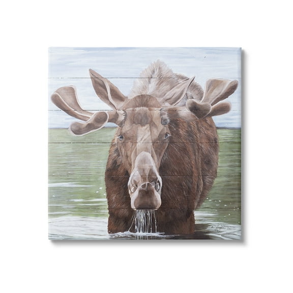 Stupell Industries Rustic Moose in Lake Animals & Insects Painting Gallery Wrapped Canvas Art Print Wall Art, 17 x 17