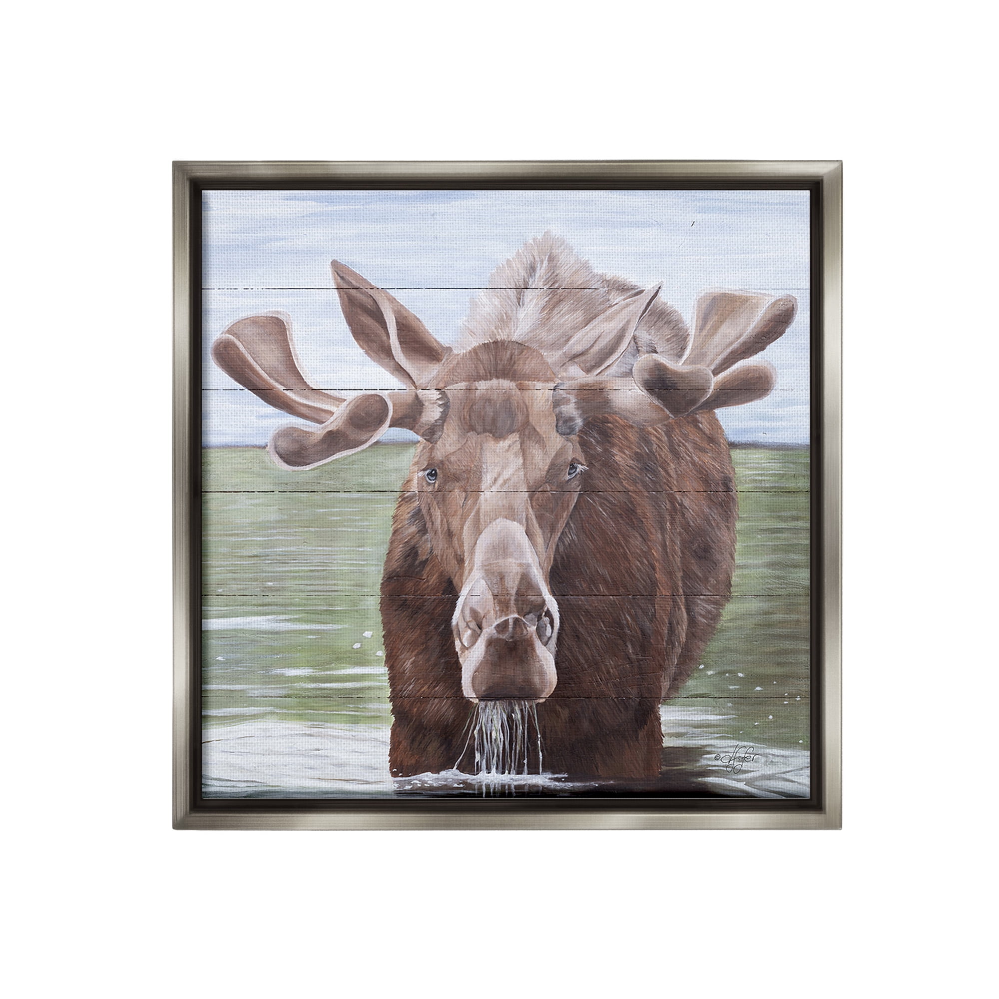 Stupell Industries Rustic Moose in Lake Animals & Insects Painting Gray Floater Framed Canvas Art Print Wall Art, 18 x 18
