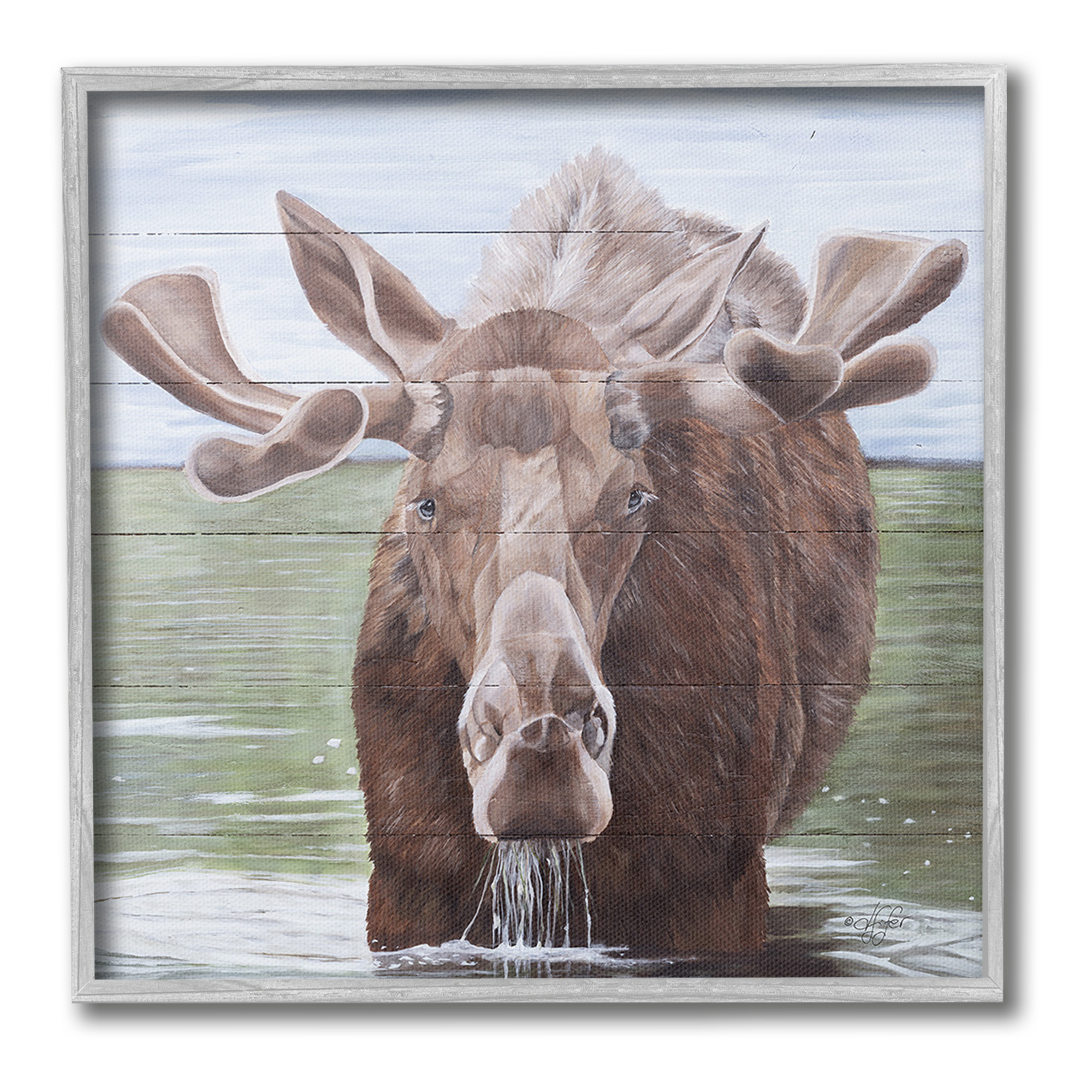 Stupell Industries Rustic Moose in Lake Animals & Insects Painting Gray Framed Art Print Wall Art, 12 x 12