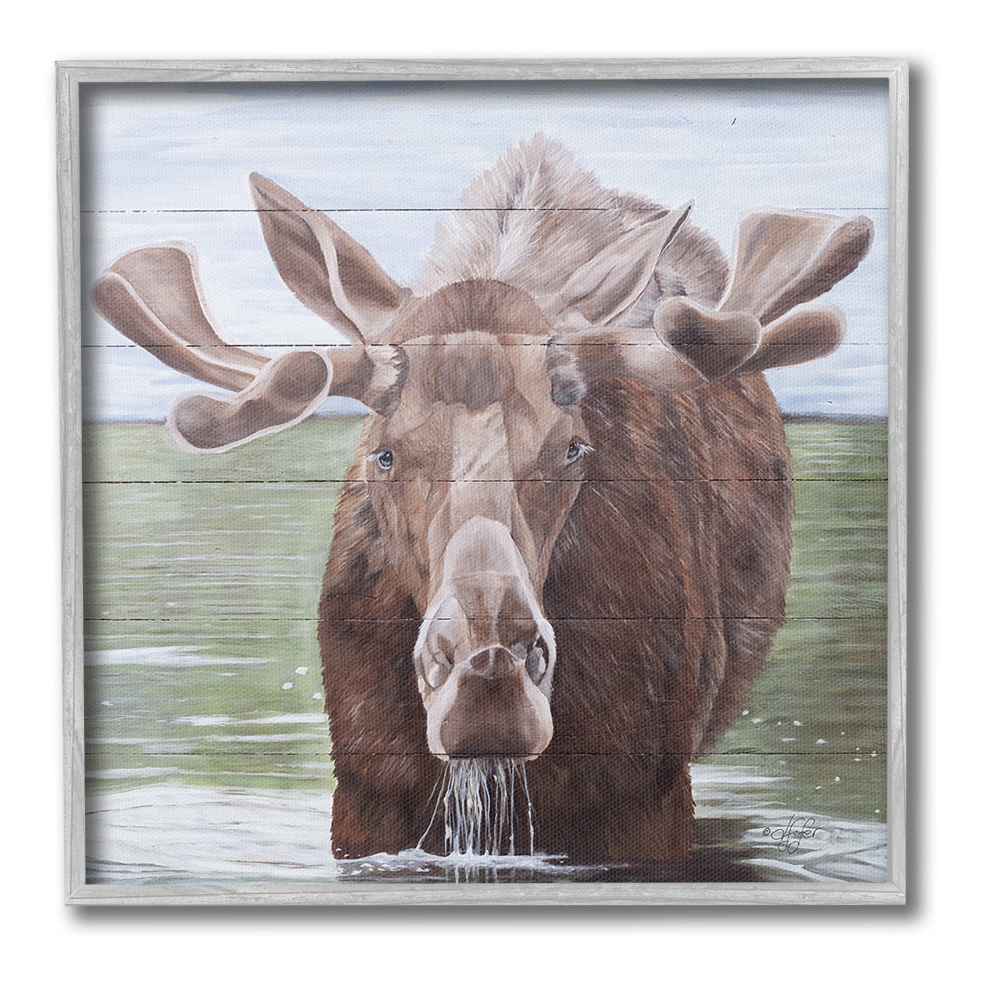 Stupell Industries Rustic Moose in Lake Animals & Insects Painting Gray Framed Art Print Wall Art, 17 x 17