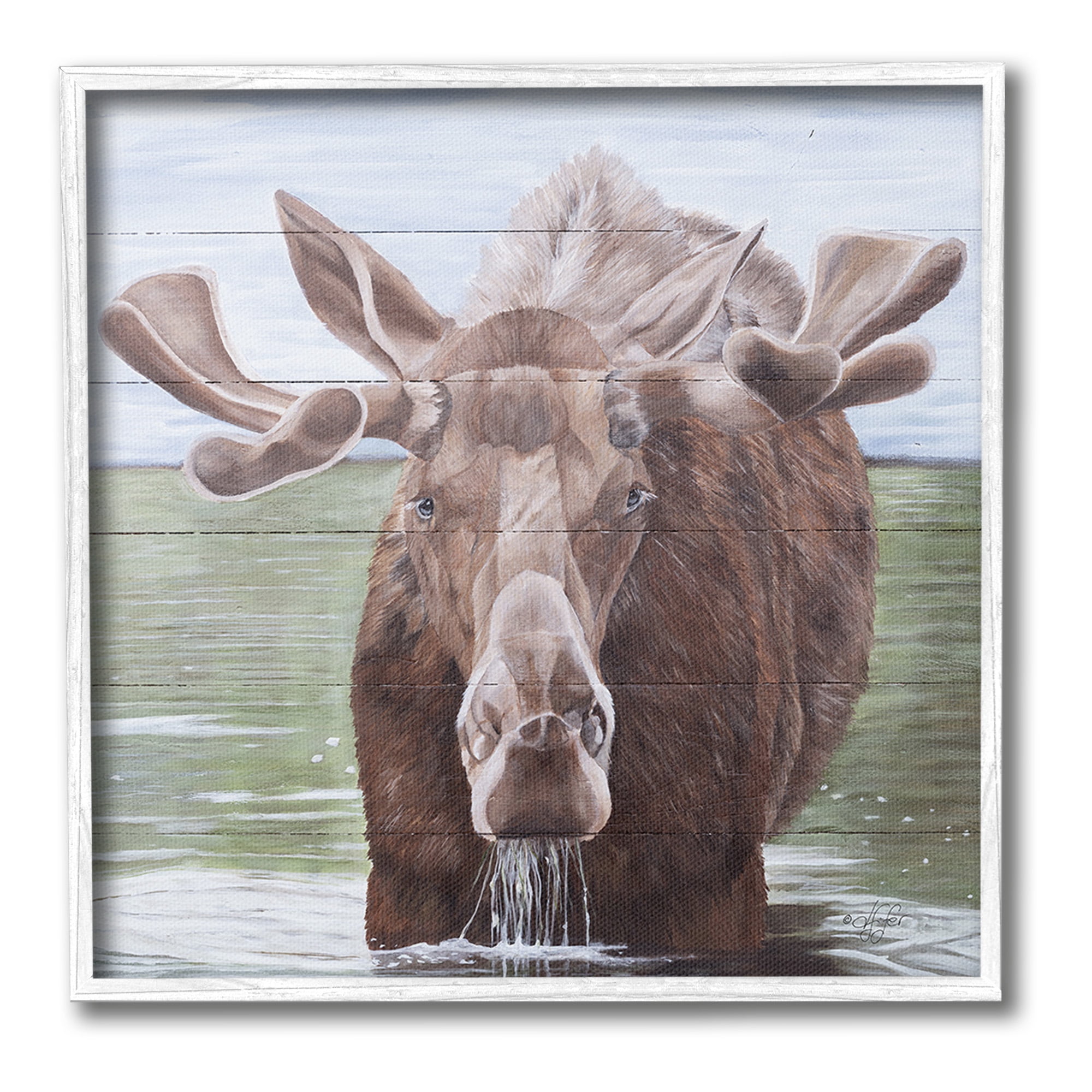Stupell Industries Rustic Moose in Lake Animals & Insects Painting White Framed Art Print Wall Art, 17 x 17