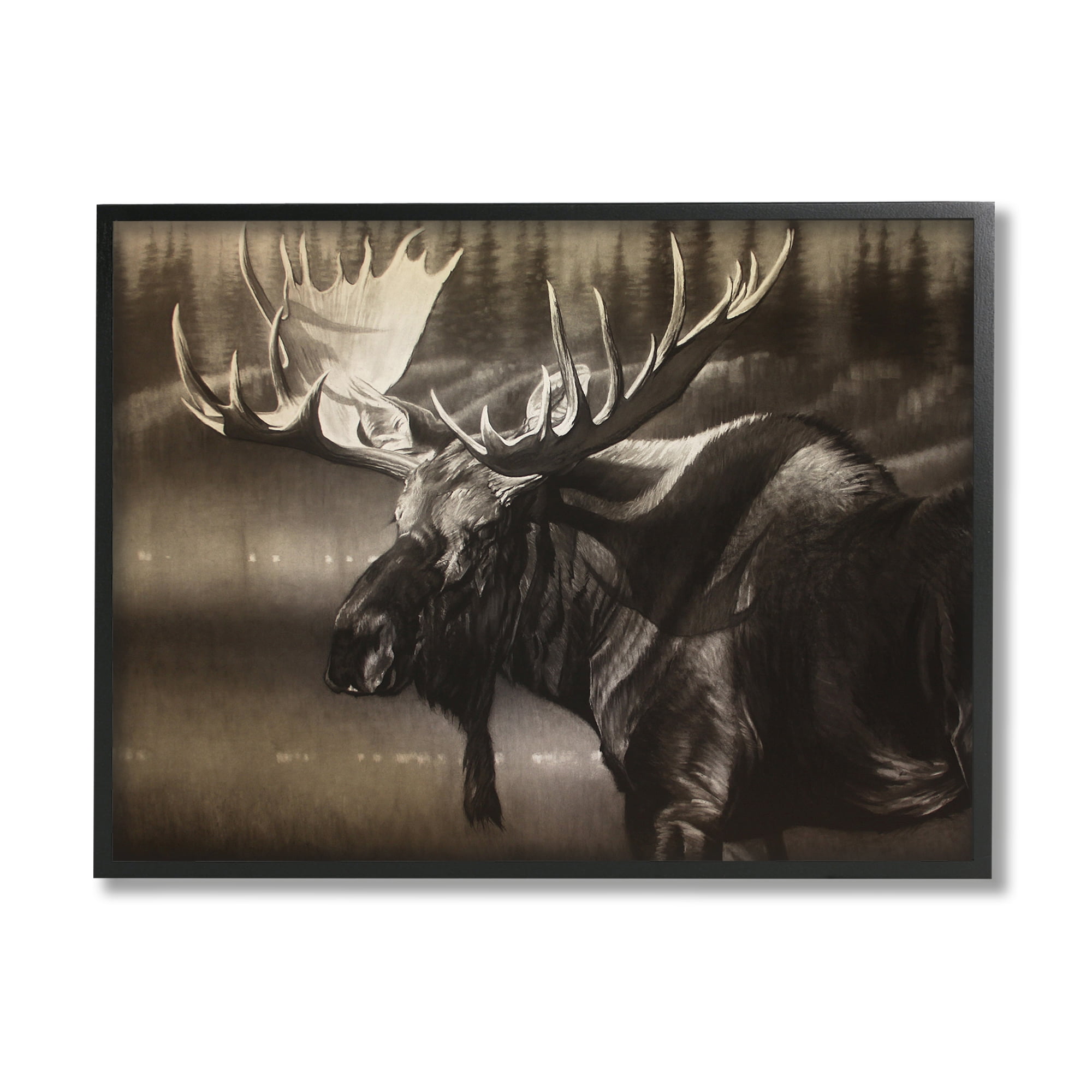 Stupell Industries Rustic Moose in Shadows Deep Forest Portrait Animals & Insects Drawing Black Framed Art Print Wall Art, 11 x 14