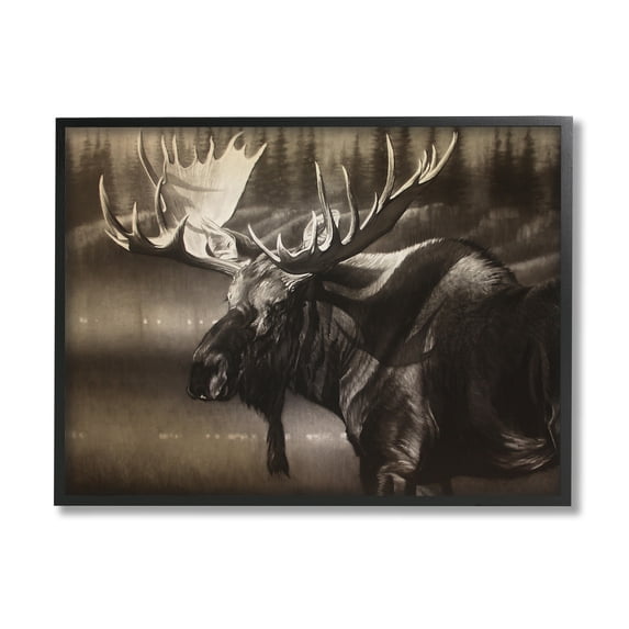 Stupell Industries Rustic Moose in Shadows Deep Forest Portrait Animals & Insects Drawing Black Framed Art Print Wall Art, 24 x 30